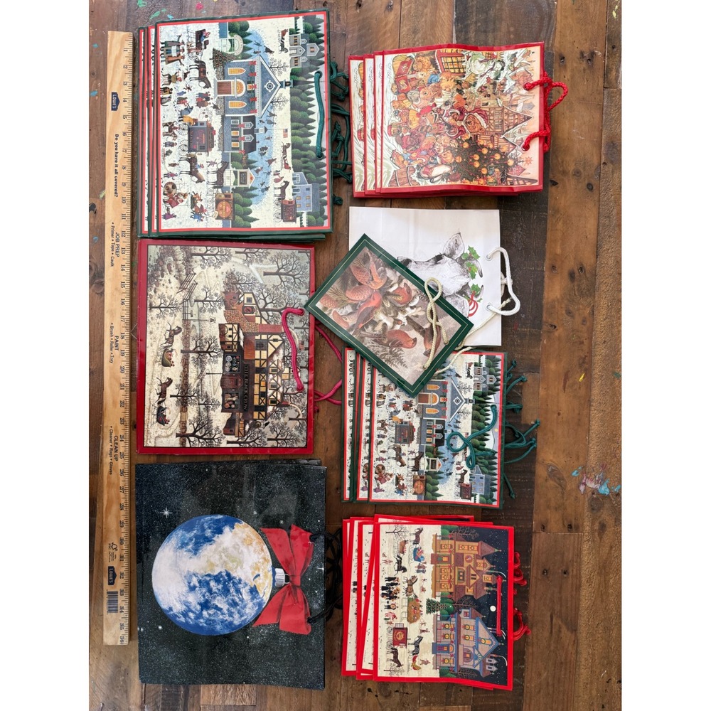 Vintage Christmas Gift Bag Lot Folk Art Winter Village Animal Earth Ornament 22